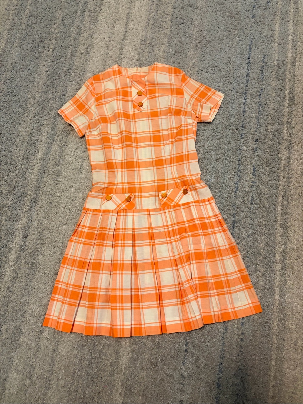 Vintage 60s Cari-Lu Orange Plaid Drop Waist Pleated Scooter Dress S